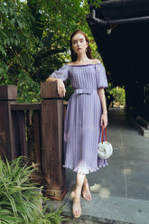 Off-Shoulder Pleated Midi Dress in Lightweight Silk with Puff Sleeves and Waist Detail
